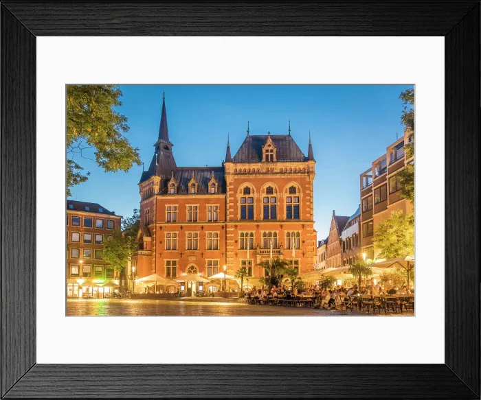 Framed Print : Street cafes on the market square with the Old Town Hall at blue hour, Oldenburg, Oldenburger Land, Lower Saxony, Germany