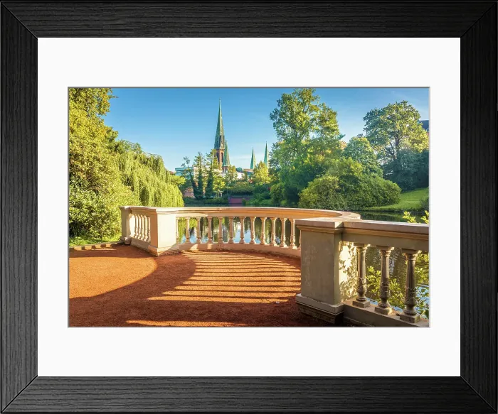 Framed Print : Castle pond in the castle garden with a view of St. Lamberti Church, Oldenburg, Oldenburger Land, Lower Saxony, Germany Framed Print : Castle pond in the castle garden with a view of St. Lamberti Church, Oldenburg, Oldenburger Land, Lower Saxony, Germany