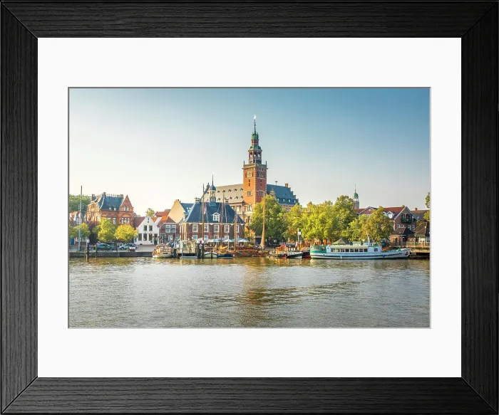 Framed Print : Museum harbor with town hall, Leer, East Frisia, Lower Saxony, Germany Framed Print : Museum harbor with town hall, Leer, East Frisia, Lower Saxony, Germany