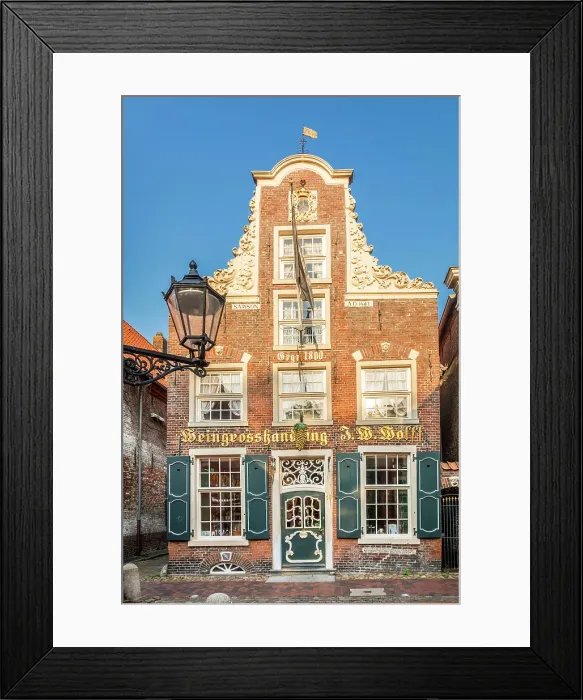 Framed Print : Magnificent trading house on Rathausstrasse in the old town, Leer, East Frisia, Lower Saxony, Germany Framed Print : Magnificent trading house on Rathausstrasse in the old town, Leer, East Frisia, Lower Saxony, Germany