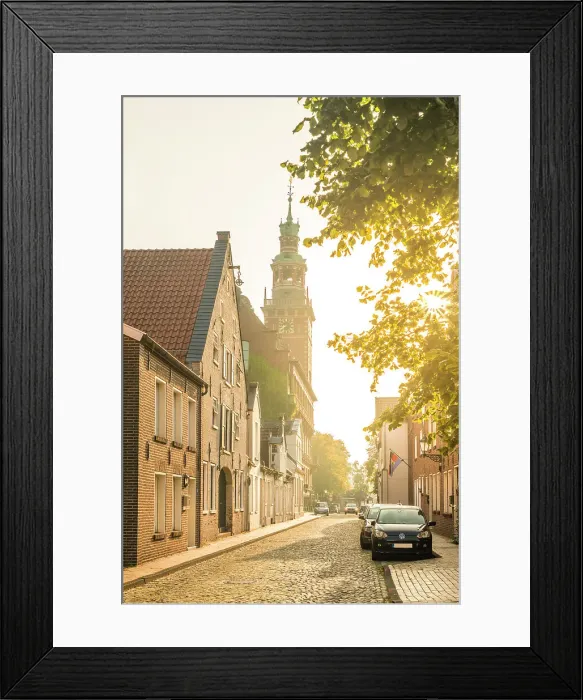 Framed Print : Morning mood in the old town with a view of the town hall, Leer, East Frisia, Lower Saxony, Germany Framed Print : Morning mood in the old town with a view of the town hall, Leer, East Frisia, Lower Saxony, Germany