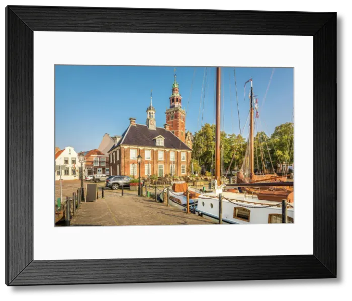 Framed Print : Museum harbor with a view of the town hall, Leer, East Frisia, Lower Saxony, Germany Framed Print : Museum harbor with a view of the town hall, Leer, East Frisia, Lower Saxony, Germany