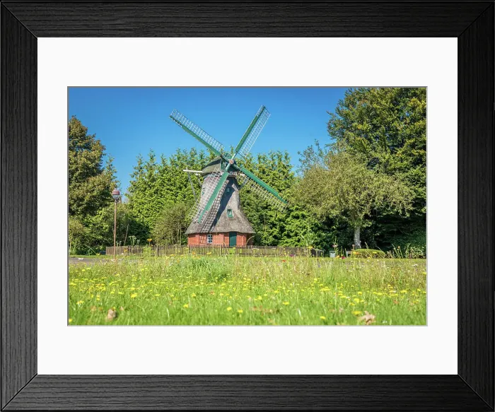 Framed Print : Small mill in the village of Schortens, Oldenburger Land, Lower Saxony, Germany