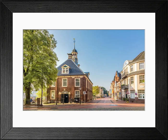 Framed Print : Quayside street with old harbor building, Leer, East Frisia, Lower Saxony, Germany Framed Print : Quayside street with old harbor building, Leer, East Frisia, Lower Saxony, Germany