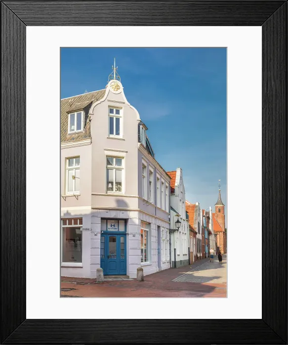 Framed Print : Alley in the old town with a view to the Church of St. Michael, Leer, East Frisia, Lower Saxony, Germany