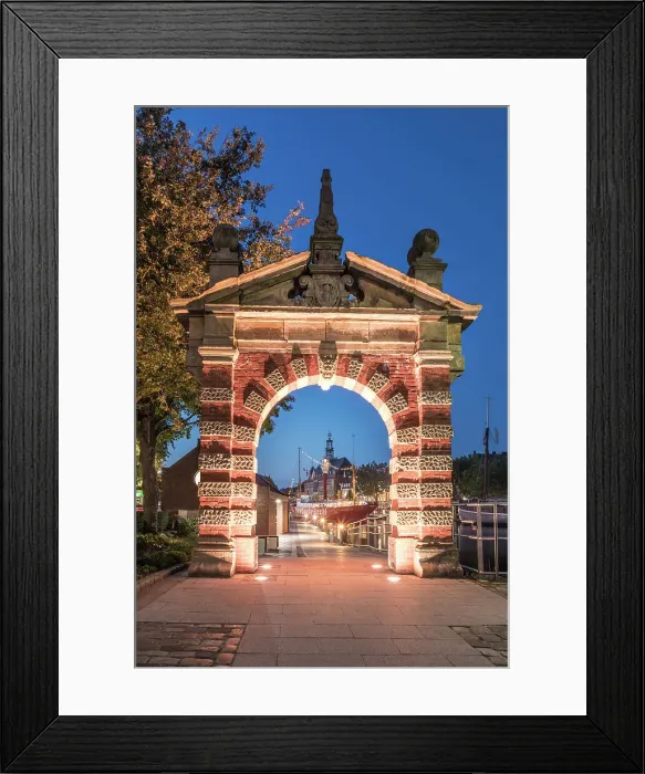 Framed Print : Harbor gate with a view of the Ratsdelft with town hall at blue hour, Emden, East Frisia, Lower Saxony, Germany Framed Print : Harbor gate with a view of the Ratsdelft with town hall at blue hour, Emden, East Frisia, Lower Saxony, Germany