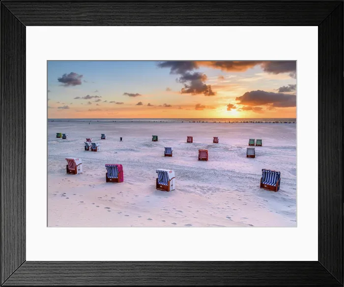 Framed Print : Beach chair at beach near Norddorf, Amrum island, Wadden sea, North Sea, North Friesland, Germany, Europe