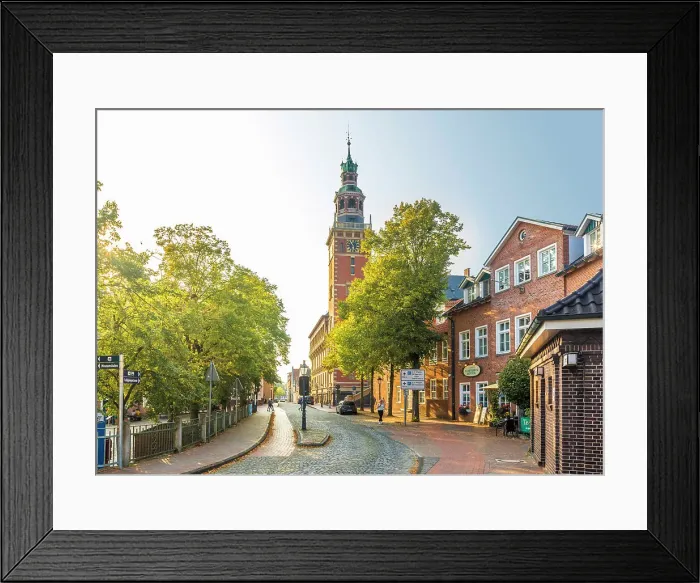 Framed Print : Quay street with town hall, Leer, East Frisia, Lower Saxony, Germany