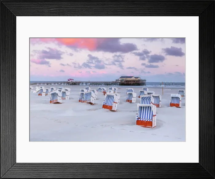 Framed Print : Stilt house and hooded beach chairs at beach, Sankt Peter-Ording, North Sea, North Frisia, NP Wadden Sea, Schleswig-Holstein, Germany, Europe Framed Print : Stilt house and hooded beach chairs at beach, Sankt Peter-Ording, North Sea, North Frisia, NP Wadden Sea, Schleswig-Holstein, Germany, Europe