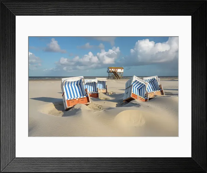 Framed Print : Stilt house and hooded beach chairs at beach, Sankt Peter-Ording, North Sea, North Frisia, NP Wadden Sea, Schleswig-Holstein, Germany, Europe Framed Print : Stilt house and hooded beach chairs at beach, Sankt Peter-Ording, North Sea, North Frisia, NP Wadden Sea, Schleswig-Holstein, Germany, Europe