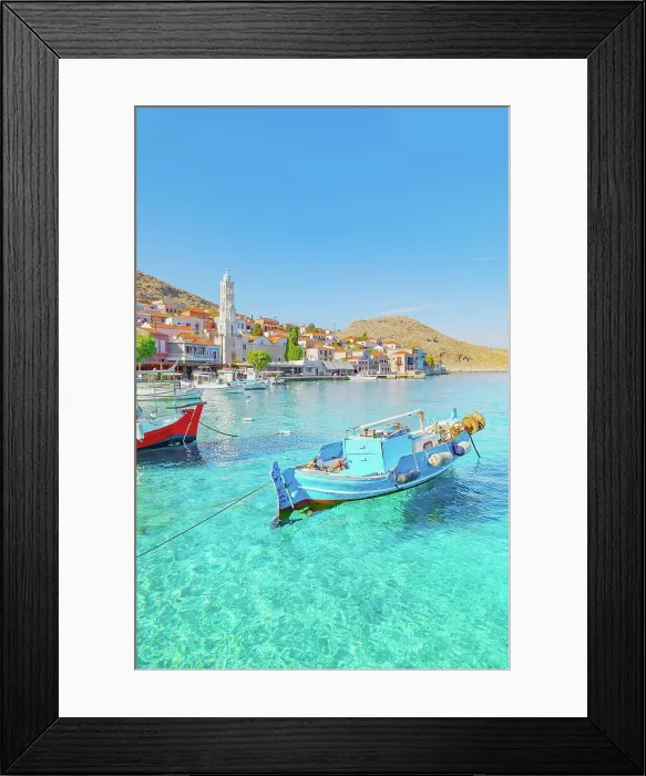 Framed Print : View of Emporio harbour and Saint Nicholas church in the distance, Halki Island, Dodecanese Islands, Greece Framed Print : View of Emporio harbour and Saint Nicholas church in the distance, Halki Island, Dodecanese Islands, Greece