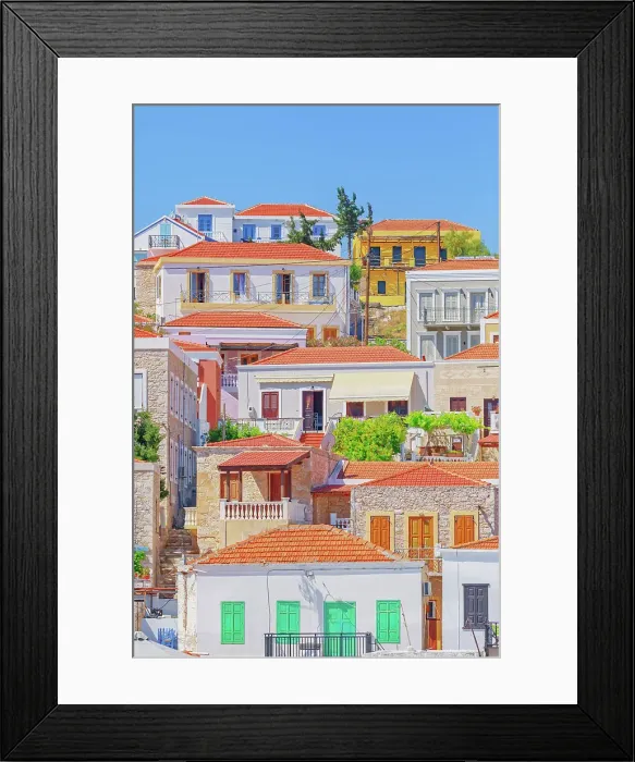 Framed Print : Seafront traditional houses, Halki Island, Dodecanese Islands, Greece Framed Print : Seafront traditional houses, Halki Island, Dodecanese Islands, Greece