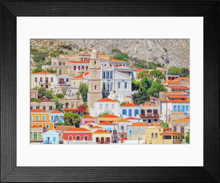 Framed Print : Seafront traditional houses, Halki Island, Dodecanese Islands, Greece Framed Print : Seafront traditional houses, Halki Island, Dodecanese Islands, Greece