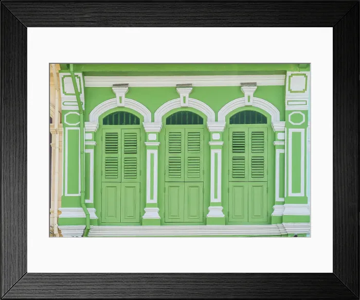 Framed Print : Colourful shuttered windows in the Old town, Phuket, Thailand Framed Print : Colourful shuttered windows in the Old town, Phuket, Thailand