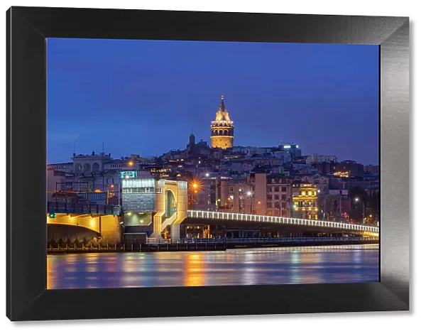 Galata Bridge and Galata Tower at twilight, Beyoglu District, Istanbul Province, Turkey