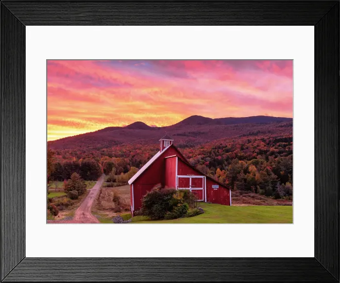 Framed Print : Red Barn at Sunrise in Autumn, Stowe, Vermont, New England, USA Framed Print : Red Barn at Sunrise in Autumn, Stowe, Vermont, New England, USA