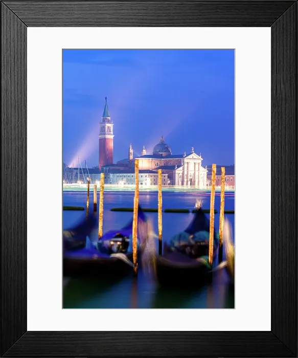 Framed Print : Romantic sky at dusk over gondolas moored with San Giorgio Maggiore Church and bell tower on background, Venice, Veneto, Italy Framed Print : Romantic sky at dusk over gondolas moored with San Giorgio Maggiore Church and bell tower on background, Venice, Veneto, Italy