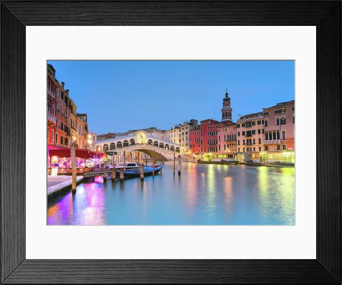 Framed Print : Gondolas moored in Grand Canal near Rialto Bridge at dusk, Venice, Veneto, Italy Framed Print : Gondolas moored in Grand Canal near Rialto Bridge at dusk, Venice, Veneto, Italy