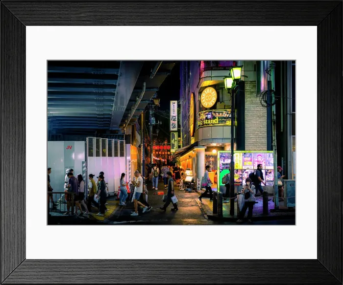 Framed Print : People walk on the streets in summer night in Tokyo under illuminated signs Framed Print : People walk on the streets in summer night in Tokyo under illuminated signs