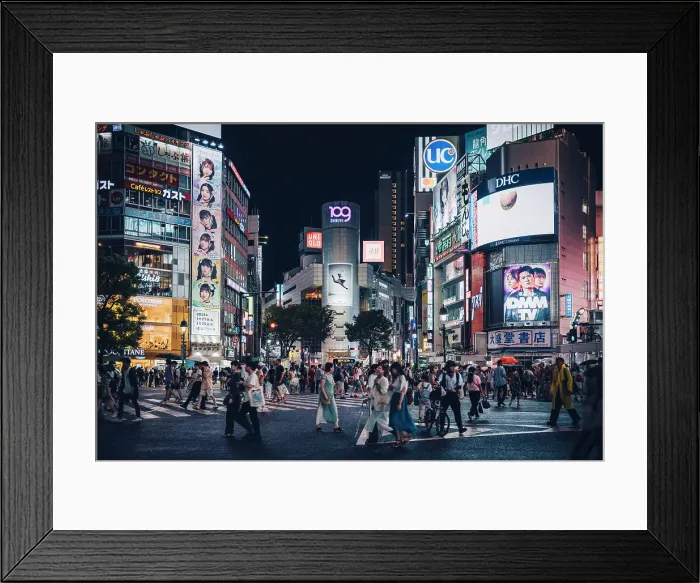 Framed Print : Typical view of Tokyo Shibuya crossing from below. Pedestrian crossing full of people walking in a summer night, Japan Framed Print : Typical view of Tokyo Shibuya crossing from below. Pedestrian crossing full of people walking in a summer night, Japan