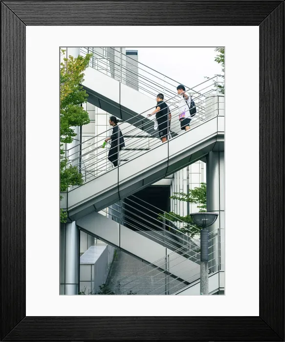 Framed Print : Japanese guys descending geometric scales in Tokyo Framed Print : Japanese guys descending geometric scales in Tokyo