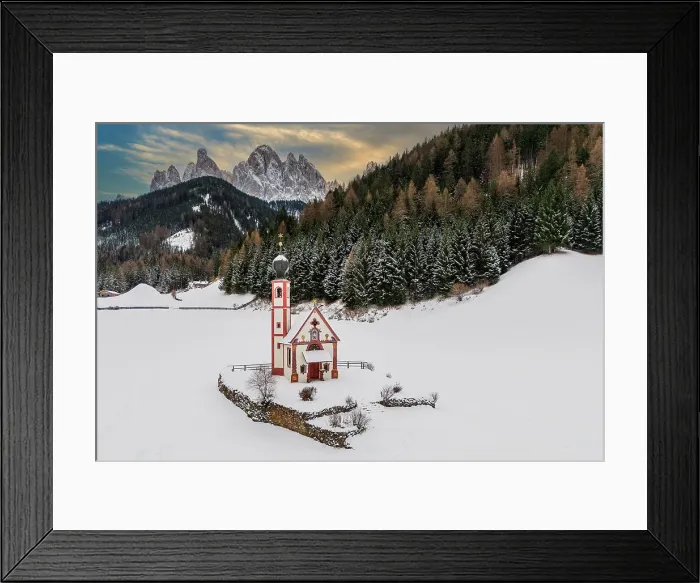 Framed Print : Scenic winter view of Church of St. Johann in Ranui with Odle (Geislergruppe) mountain group behind, Dolomites, Villnoss-Funes, South Tyrol, Italy Framed Print : Scenic winter view of Church of St. Johann in Ranui with Odle (Geislergruppe) mountain group behind, Dolomites, Villnoss-Funes, South Tyrol, Italy