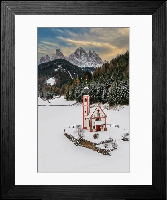 Framed Print : Scenic winter view of Church of St. Johann in Ranui with Odle (Geislergruppe) mountain group behind, Dolomites, Villnoss-Funes, South Tyrol, Italy Framed Print : Scenic winter view of Church of St. Johann in Ranui with Odle (Geislergruppe) mountain group behind, Dolomites, Villnoss-Funes, South Tyrol, Italy