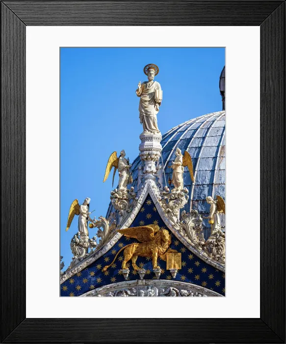 Framed Print : Detail of the facade of St Mark's Basilica showing St. Mark patron apostle with angels and, underneath, the winged lion, Venice, Veneto, Italy Framed Print : Detail of the facade of St Mark's Basilica showing St. Mark patron apostle with angels and, underneath, the winged lion, Venice, Veneto, Italy