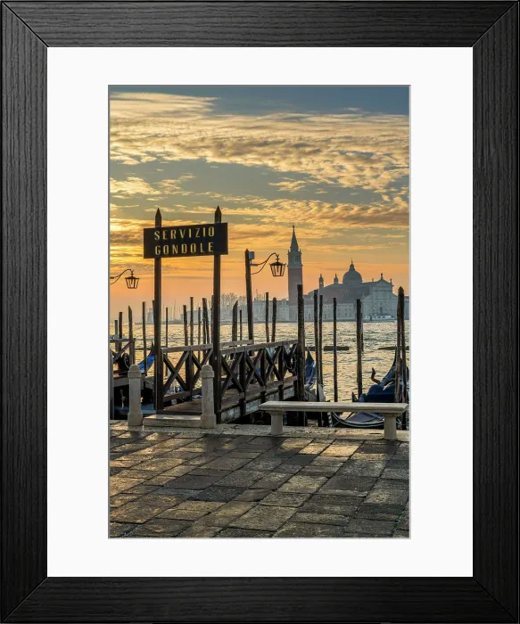 Framed Print : Gondola service sign and Church of San Giorgio Maggiore in the background at sunrise Venice, Veneto, Italy Framed Print : Gondola service sign and Church of San Giorgio Maggiore in the background at sunrise Venice, Veneto, Italy