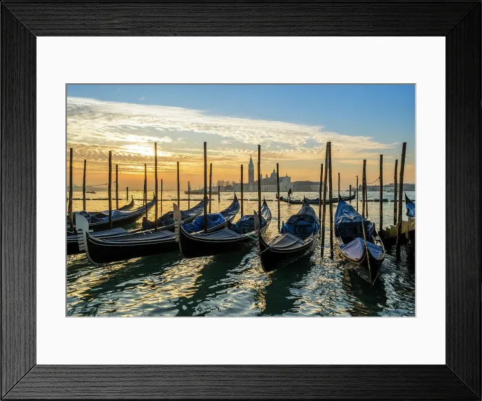 Framed Print : Moored gondolas and Church of San Giorgio Maggiore in the background at sunrise Venice, Veneto, Italy Framed Print : Moored gondolas and Church of San Giorgio Maggiore in the background at sunrise Venice, Veneto, Italy