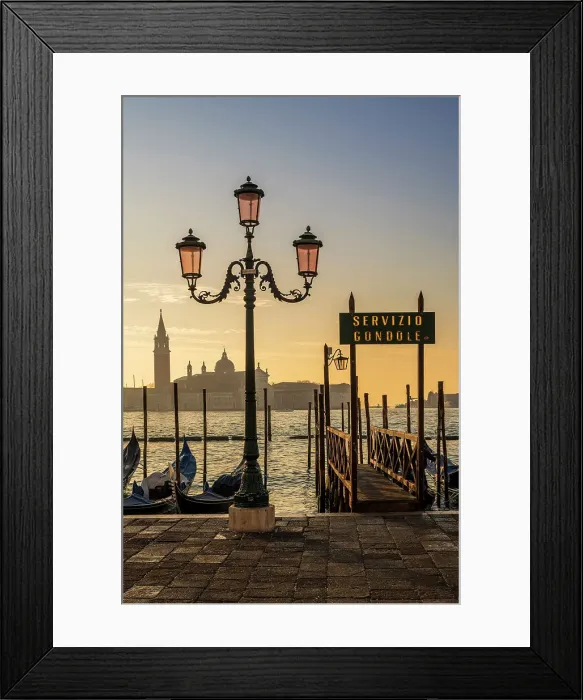 Framed Print : Gondola service sign and Church of San Giorgio Maggiore in the background at sunrise Venice, Veneto, Italy Framed Print : Gondola service sign and Church of San Giorgio Maggiore in the background at sunrise Venice, Veneto, Italy