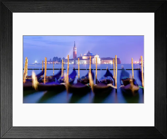Framed Print : Row of gondolas in front of San Giorgio Maggiore at blue hour, Venice, Veneto, Italy Framed Print : Row of gondolas in front of San Giorgio Maggiore at blue hour, Venice, Veneto, Italy