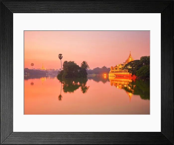 Framed Print : The Karaweik Palace barge and the Shwedagon Pagoda reflected in the Kandawgyi Lake waters at twilight, Yangon, Myanmar Framed Print : The Karaweik Palace barge and the Shwedagon Pagoda reflected in the Kandawgyi Lake waters at twilight, Yangon, Myanmar