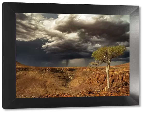 Africa, Namibia, Damaraland, Etendeka Plateau. A thunderstorm over the landscape