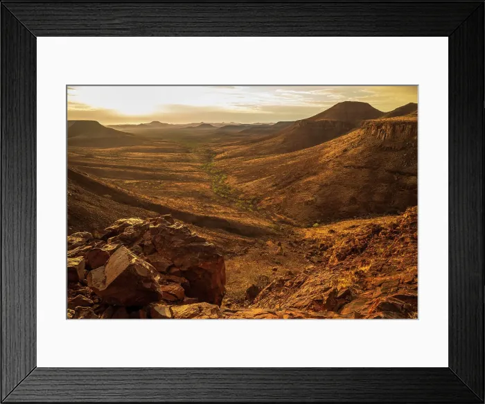Framed Print : Africa, Namibia, Damaraland, Etendeka Plateau. A scenic sundowner setting Framed Print : Africa, Namibia, Damaraland, Etendeka Plateau. A scenic sundowner setting