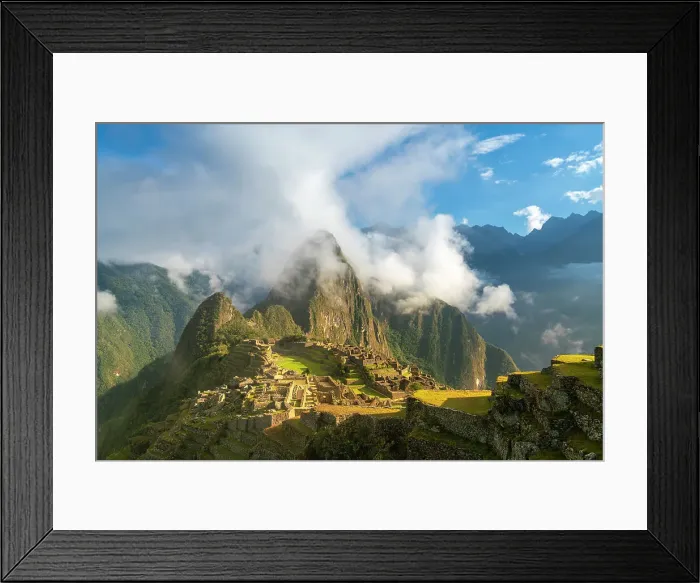Framed Print : Historic ancient archeological Incan Machu Picchu on mountain in Andes at sunrise, Cuzco Region, Peru Framed Print : Historic ancient archeological Incan Machu Picchu on mountain in Andes at sunrise, Cuzco Region, Peru