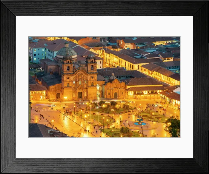 Framed Print : Elevated view of illuminated Church of the Society of Jesus and Plaza de Armas Square at twilight, UNESCO, Cusco, Cusco Province, Cusco Region, Peru Framed Print : Elevated view of illuminated Church of the Society of Jesus and Plaza de Armas Square at twilight, UNESCO, Cusco, Cusco Province, Cusco Region, Peru
