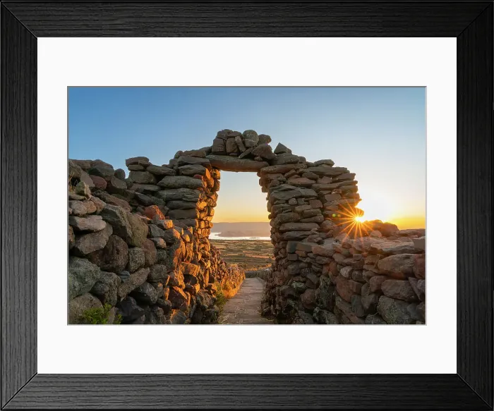 Framed Print : Stone arch on Amantani Island at sunset, Lake Titicaca, Puno Province, Puno Region, Peru