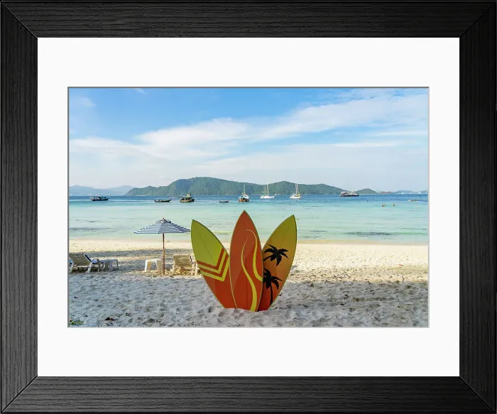 Framed Print : Surf boards on the beach on Raya Island, Thailand