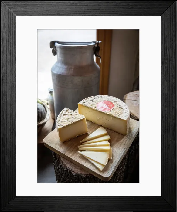 Framed Print : Spain, Catalonia, Olot, Mas La Coromina, Cheese tasting in the shop of the cheese factory Framed Print : Spain, Catalonia, Olot, Mas La Coromina, Cheese tasting in the shop of the cheese factory
