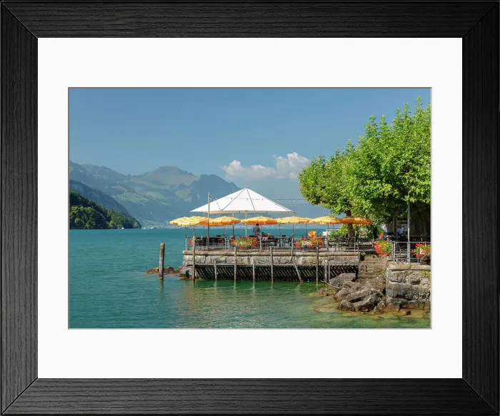 Framed Print : Street cafe in Brunnen at the promenade at Lake Lucerne, Canton Schwyz, Switzerland Framed Print : Street cafe in Brunnen at the promenade at Lake Lucerne, Canton Schwyz, Switzerland