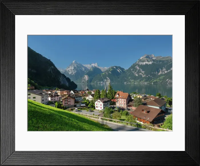 Framed Print : Sisikon at Lake Lucerne with Uri Rotstock and Gitschen mountain, Canton Uri, Switzerland Framed Print : Sisikon at Lake Lucerne with Uri Rotstock and Gitschen mountain, Canton Uri, Switzerland