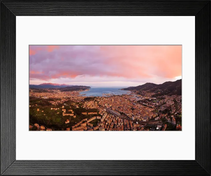 Framed Print : aerial view taken by drone of the beautiful city of La Spezia, during the warm sunset, La Spezia, Liguria, Italy Framed Print : aerial view taken by drone of the beautiful city of La Spezia, during the warm sunset, La Spezia, Liguria, Italy
