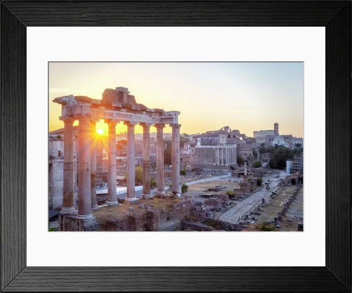 Framed Print : The Roman Forum at sunsrise, with Temple of Saturn in foreground and Colosseum in background, Rome, Lazio, Italy Framed Print : The Roman Forum at sunsrise, with Temple of Saturn in foreground and Colosseum in background, Rome, Lazio, Italy