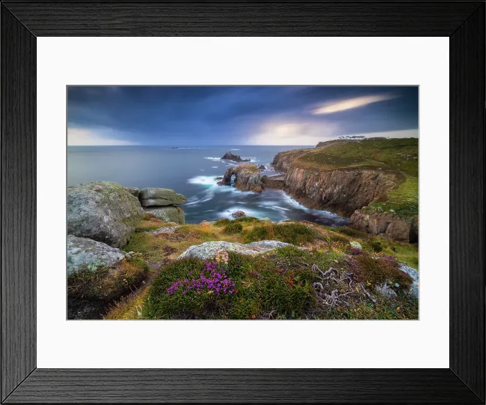 Framed Print : Enys Dodnan Arch and Longships lighthouse at sunset, Lands End, Cornwall, England, United Kingdom Framed Print : Enys Dodnan Arch and Longships lighthouse at sunset, Lands End, Cornwall, England, United Kingdom