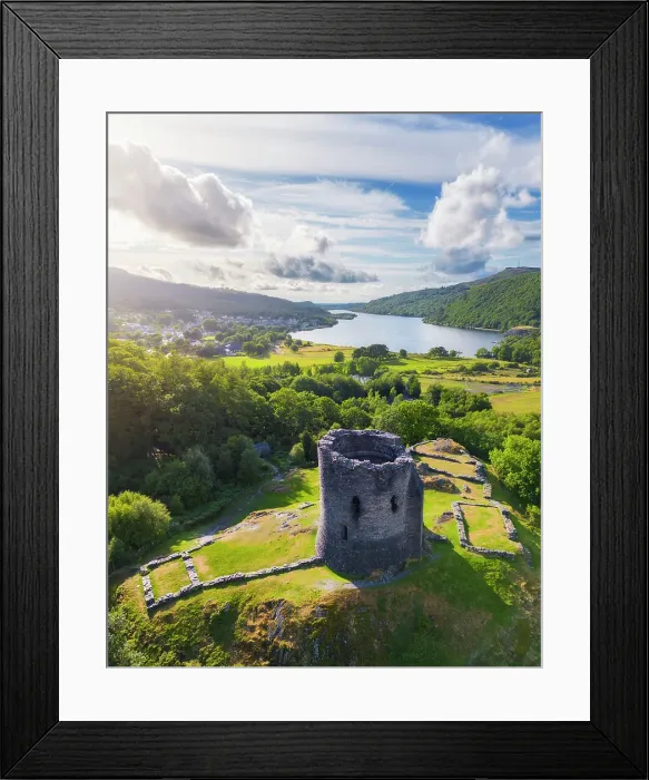 Framed Print : Aerial view of Dolbadarn Castle and Llyn Peris during summer, Gwynedd, Snowdonia National Park, Wales, United Kingdom Framed Print : Aerial view of Dolbadarn Castle and Llyn Peris during summer, Gwynedd, Snowdonia National Park, Wales, United Kingdom