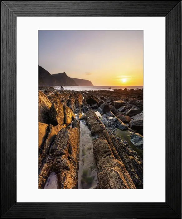 Framed Print : Mouthmill beach and Bideford Bay and Hartland at sunset, Mouthmill, North Devon, England, United Kingdom