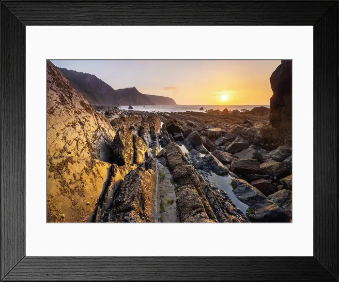Framed Print : Mouthmill beach and Bideford Bay and Hartland at sunset, Mouthmill, North Devon, England, United Kingdom