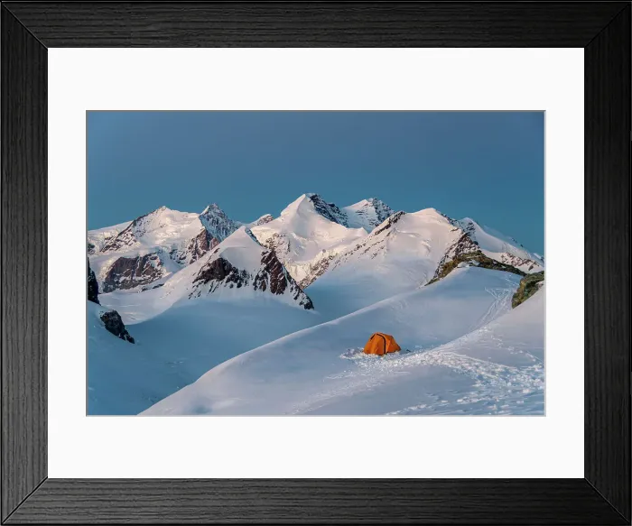 Framed Print : Camping with tent surrounded by Monte Rosa glaciers, Gobba di Rollin, Monte Rosa, Aosta Valley, Italy Framed Print : Camping with tent surrounded by Monte Rosa glaciers, Gobba di Rollin, Monte Rosa, Aosta Valley, Italy