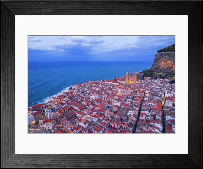Framed Print : Drone view of the ancient illuminated sea village of Cefalu with the cathedral surrounding buildings, Cefalu, Palermo province, Tyrrhenian sea, Sicily, Italy Framed Print : Drone view of the ancient illuminated sea village of Cefalu with the cathedral surrounding buildings, Cefalu, Palermo province, Tyrrhenian sea, Sicily, Italy